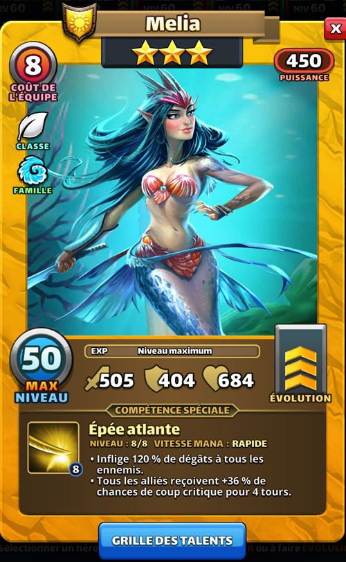 Melia est une sirène dans Empires & Puzzles. Elle tient une épée et est prête à défendre son royaume : l'Atlantide