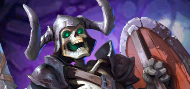 Oberon, héros violet 3 étoiles sur Empires & Puzzles. Squelette qui tient une épée et un bouclier.